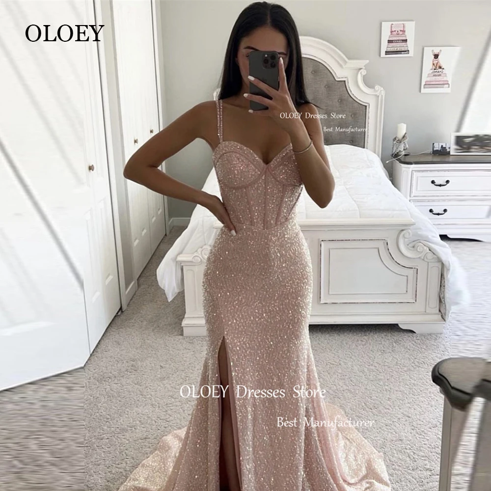 

OLOEY Sparkly Rose Pink/Gold Glitter Prom Dresses Mermaid Spaghetti Straps Boning Sweetheart Split Evening Gowns Wedding Party