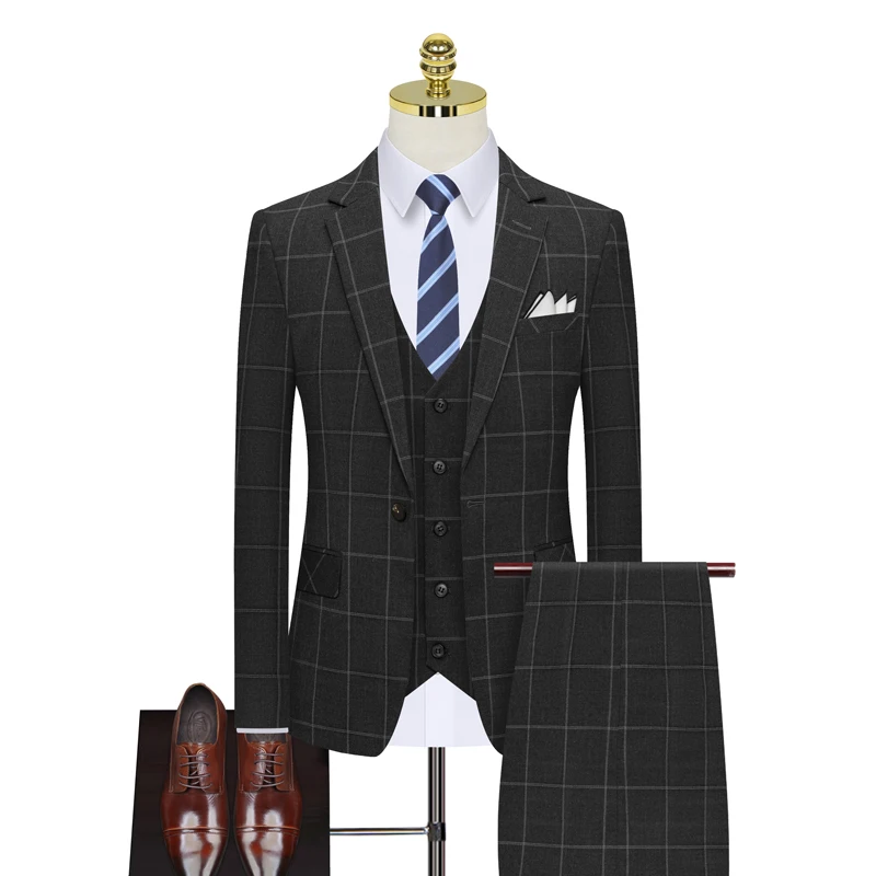 2023High-end wedding suit (Blazer + vest + trousers) Fashion business handsome slim plaid groom wedding three-piece set   M-4XL