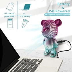 New USB Mini Cute Cartoon Bear Fan Wind Power Handheld Portable Fan Convenient Home Office Outdoors Small Fans Gifts