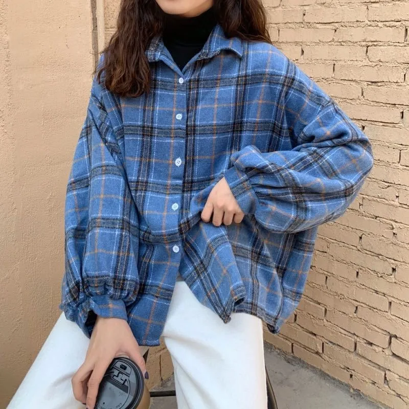 Plaid Shirts Women Korean Style Spring Retro Girls Simple All-match Casual Baggy S-3XL Popular Streetwear Thicken Daily Cozy