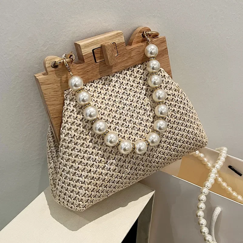 Fashion Weave Straw Shoulder Bag for Women New Summer Wooden Top Handle Clip Bag Luxury Designer Handbags Trend Female Handbag