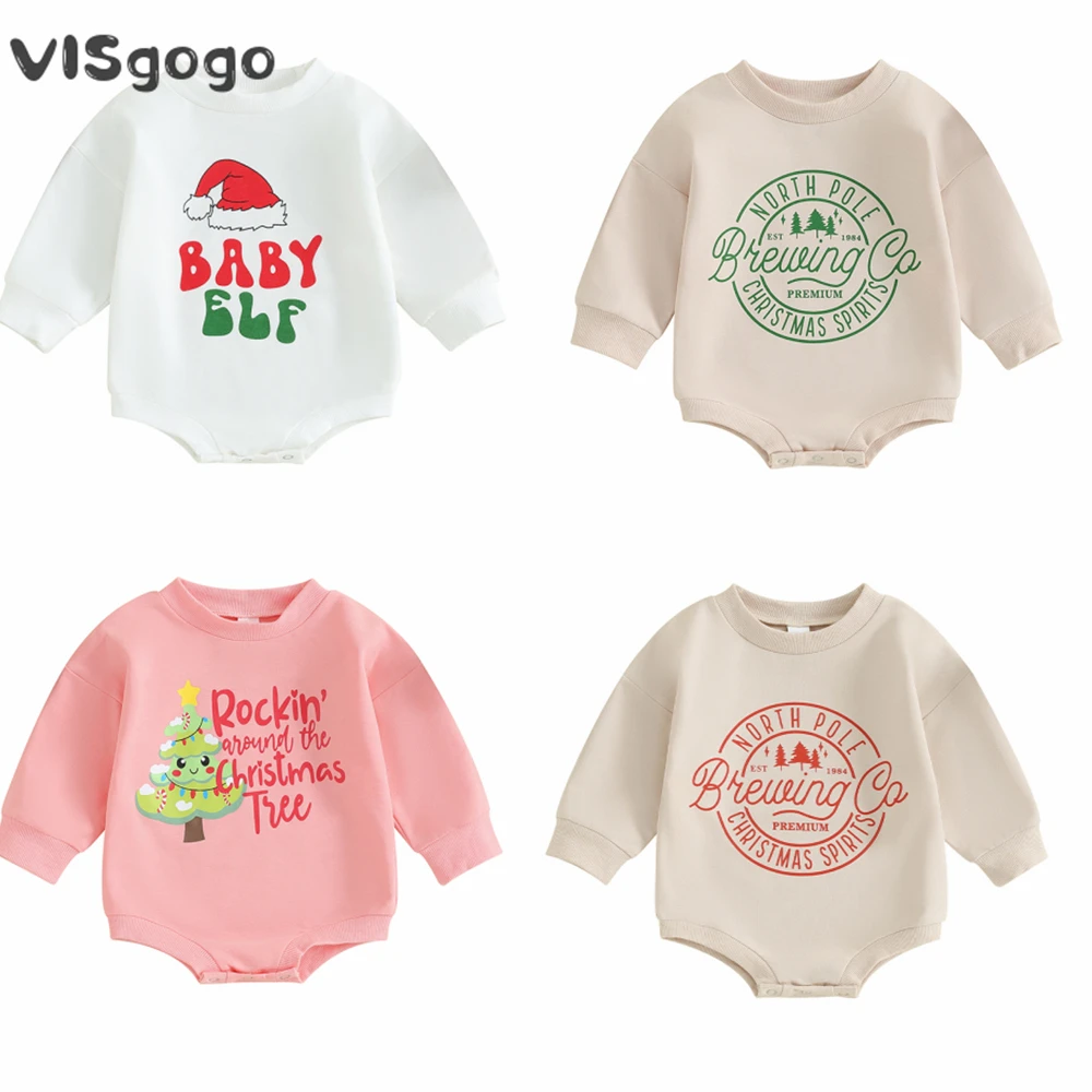 

VISgogo Newborn Baby Clothes Christmas Romper Long Sleeve Crew Neck Santa Hat/Tree Print Bodysuit Infant Boys Girls Xmas Costume