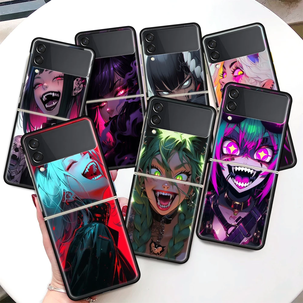 Crazy Gothic Japan Anime Girls Hard PC Clear Phone Case Cover for Samsung Galaxy Z Flip 5 4 3 5G Flip3 Flip4 Flip5 Customized Fu