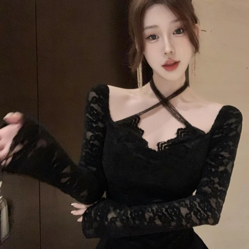 Thin Lace New Style Pure Desire Sexy Temperament Lacing One Word Two Wear Slim Slim Long Sleeve Blouse Cover Meat Waist Tops