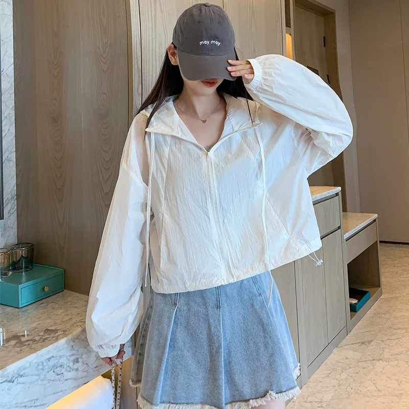 Woven Drawstring Hooded Sun Protection Clothes for Women in Summer Thin Casual Sports Outdoor Jacket Slim Jacket Top Trendy