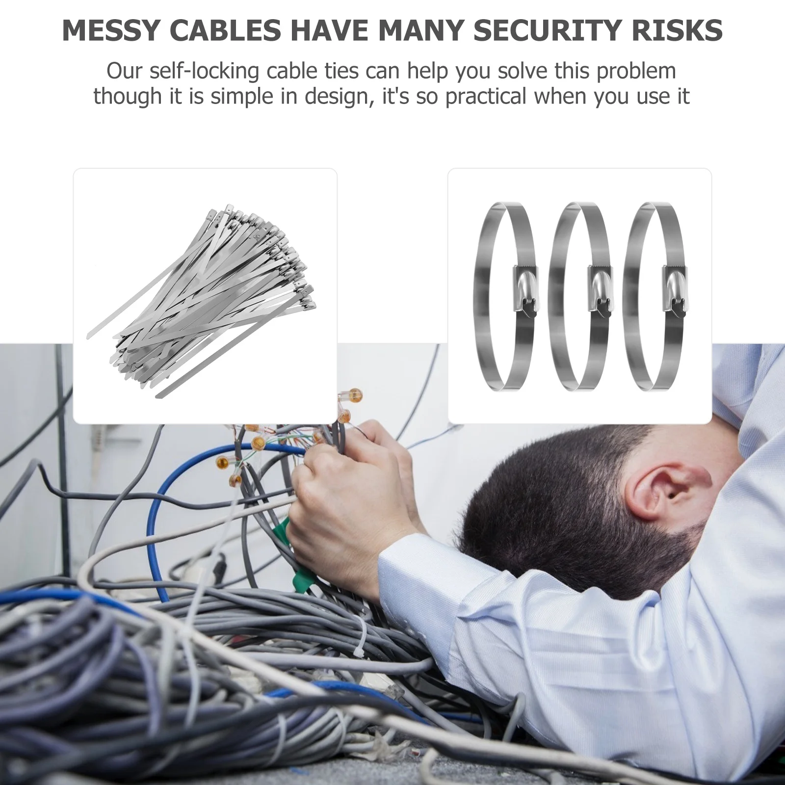 

100Pcs Stainless Steel Cable Ties Self-Locking Heavy Duty Waterproof Wear-Resistant Long-Lasting Cord Organizers for Home