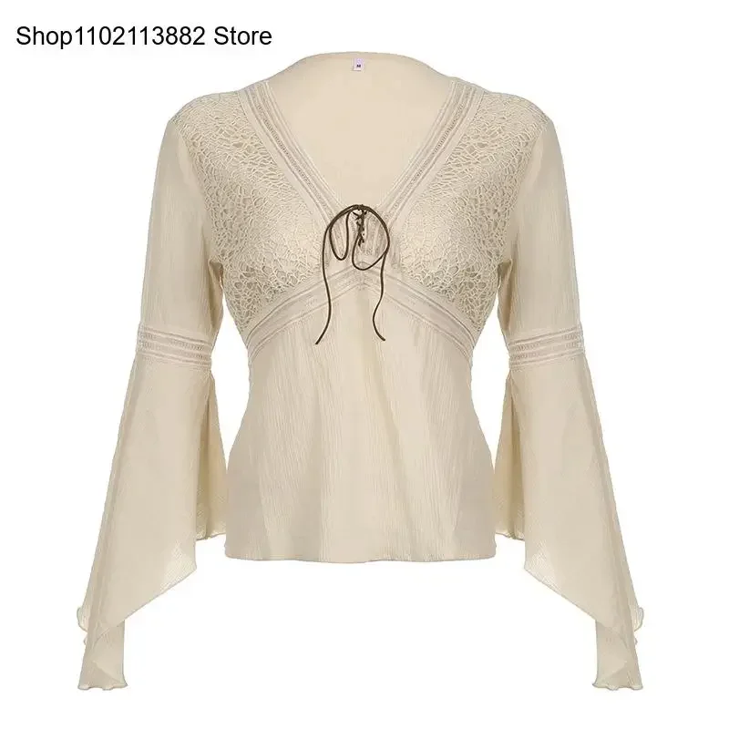 Spring and Autumn Retro Casual Waist Collection Pure Cotton Commuter Mesh Splice Lace Up Flare Sleeves V-Neck T-Shirt