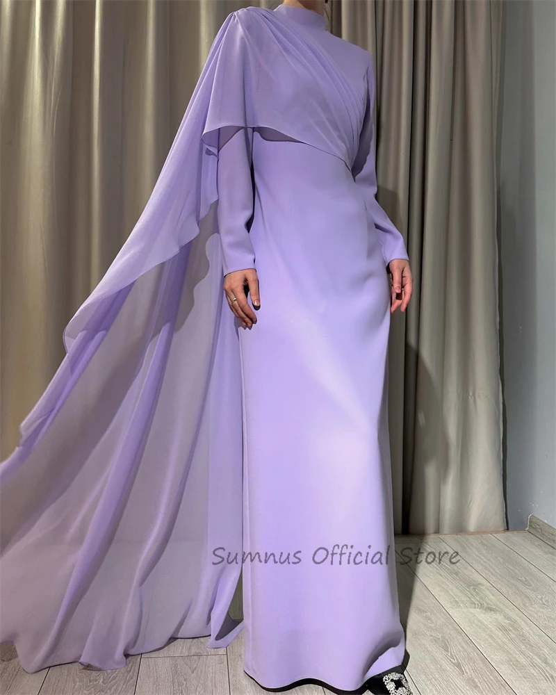 SUMNUS Dubai Arabic Women Lilac Evening Dresses Long Sleeves Chiffon High Neck Prom Gowns Formal Party Occasion Dress Vestidos