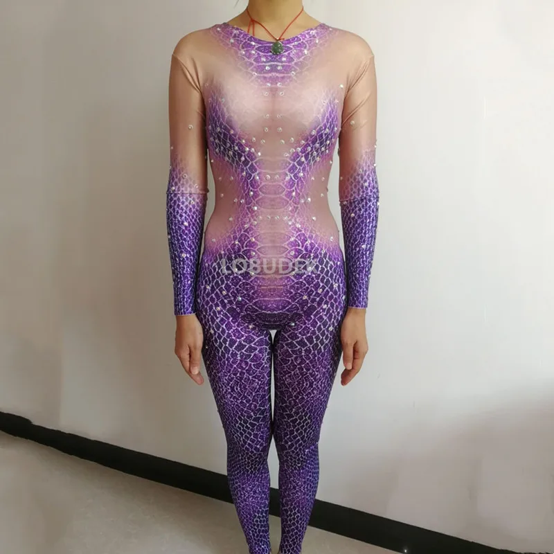 

Snake Pattern Printing Tight Jumpsuit Purple Sexy Crystal Leotard Stage Wear Nightclub Bar DJ Pole Dancing Cosplay Costume