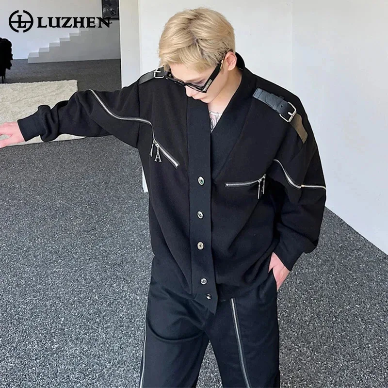 LUZHEN Belt Decorate Zipper Splicing Design Stylish Jackets Original Personality Trendy High Street Men's Autumn Clothes LZ7820