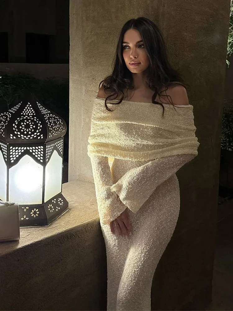 Christmas Fashion Knitted High Waist See Through Long Dress Women Chic Solid Backless Flared Sleeve Robe Lady Evening Party Gown