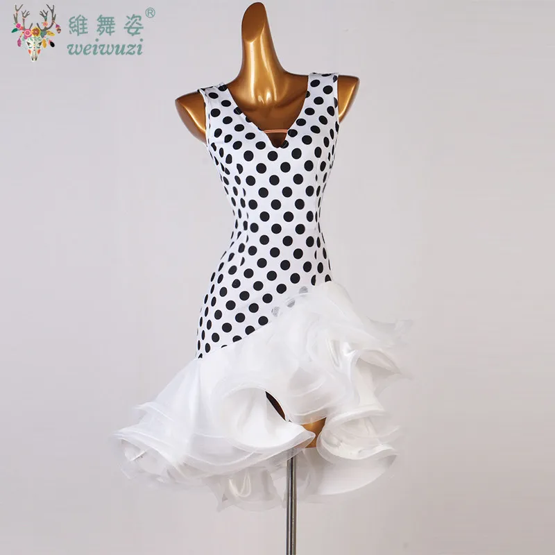 

Платье для латинских танцев с V-образным вырезом и волнистым узором, на заказ, для женщин и детей, элегантная одежда для выступлений, профессиональная одежда для соревнований