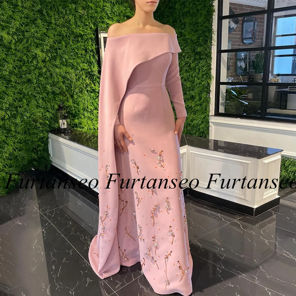 Fashion Prom Dress Saudi Arab Party Gown Customized Long Sleeve Beading Pearls Formal Evening Dresses with Cape Robe Soiree