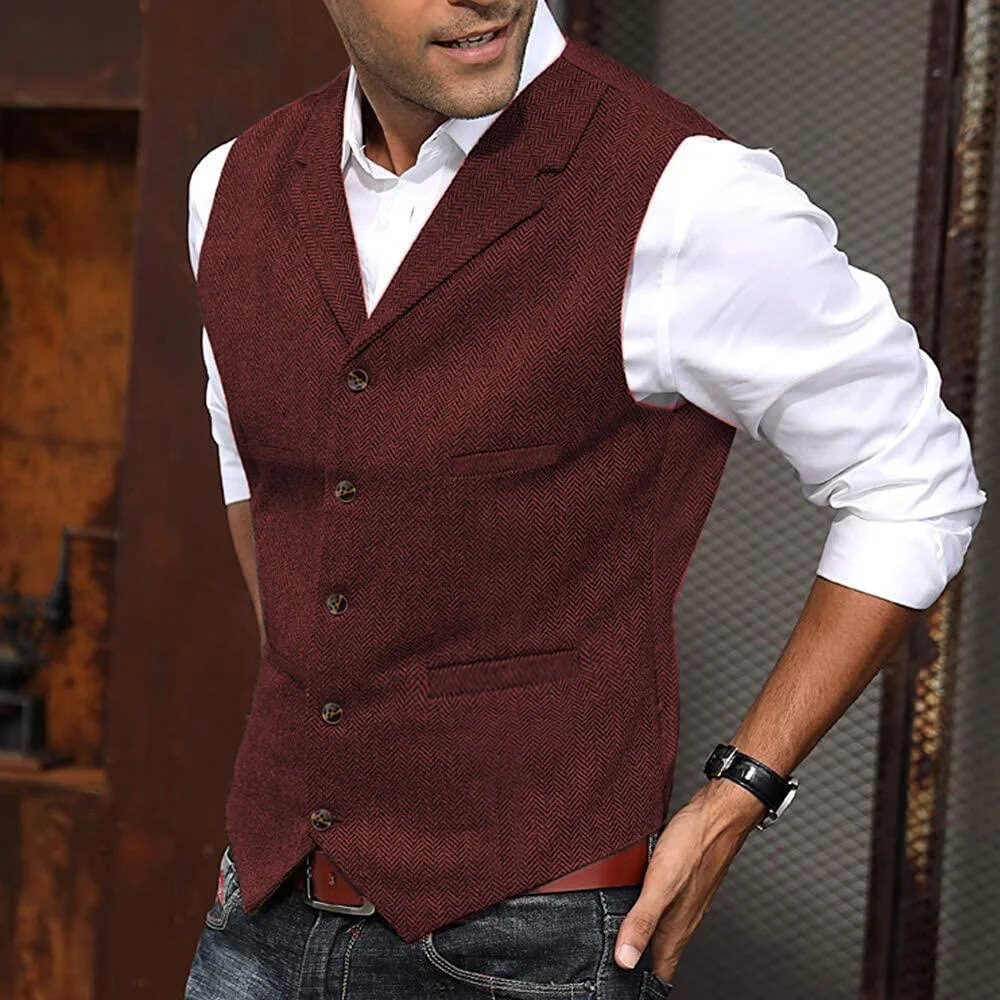 KIDWHXR Men Vest Vintage British Style Single-breasted Slim Man Suit Vest Turn Down Collar Solid Color Versatile Male Waistcoat