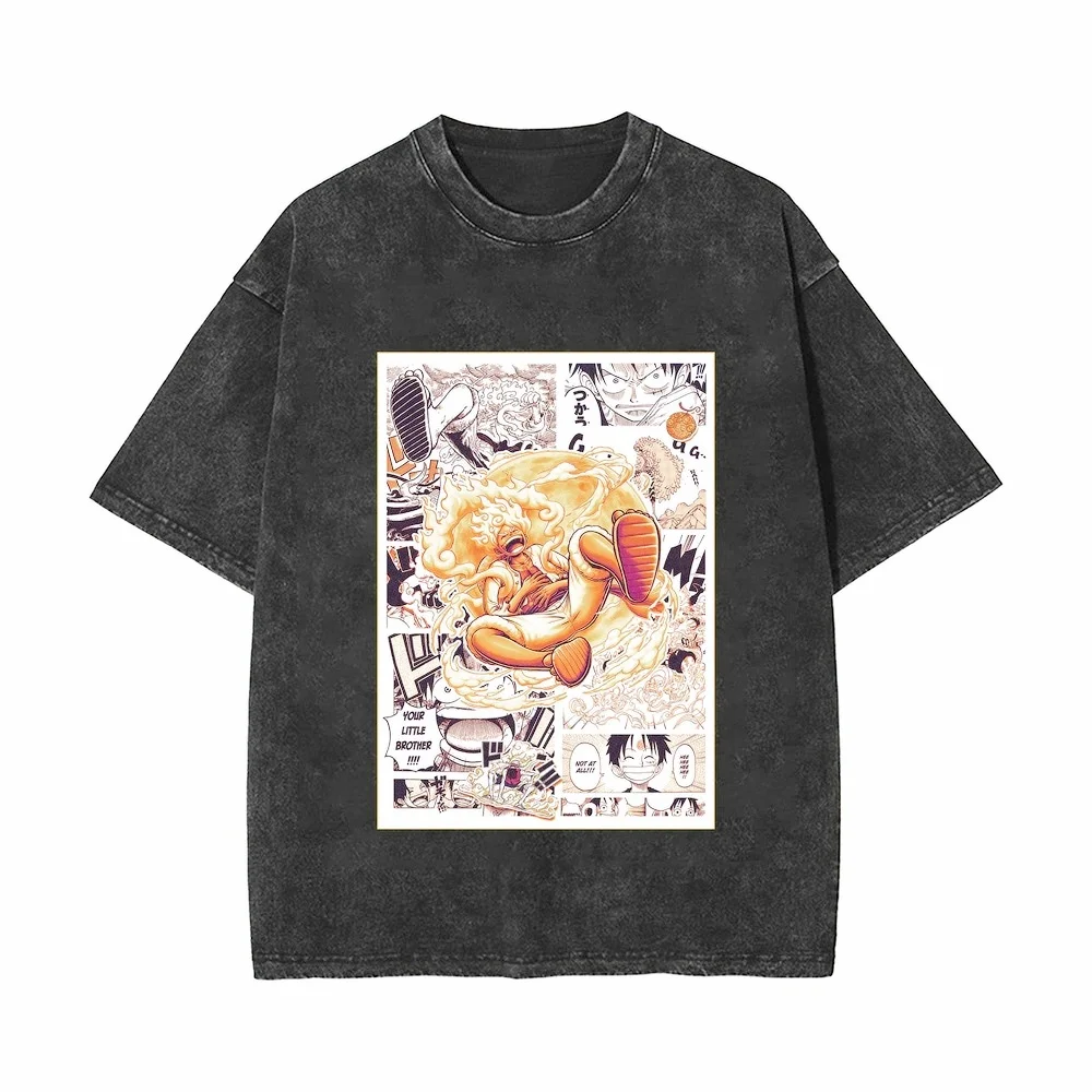 

Цельная футболка Luffy Nika Acid Washed Manga с круглым вырезом унисекс, большие хлопковые потертые мягкие уличные модные футболки Y2K