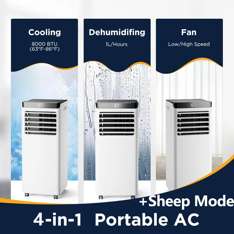 AC Portabel 8,000 BTU AC Portabel untuk Ruangan Besar Hingga 350 Kaki Persegi, Unit AC Portabel dengan AC 4-in-1