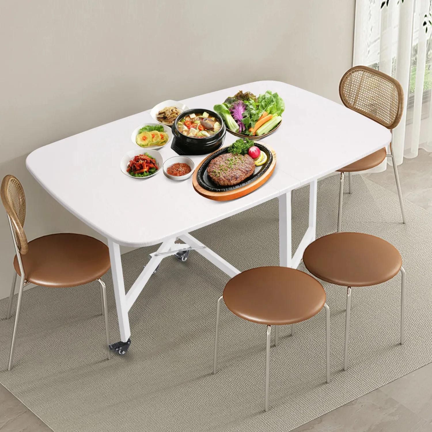Klappbarer Esstisch aus Holz mit Rollen, beweglicher Küchentisch aus Holz für Arbeitszimmer, Zuhause, Schlafzimmer (weiß, 120 x 80 x 75 cm)