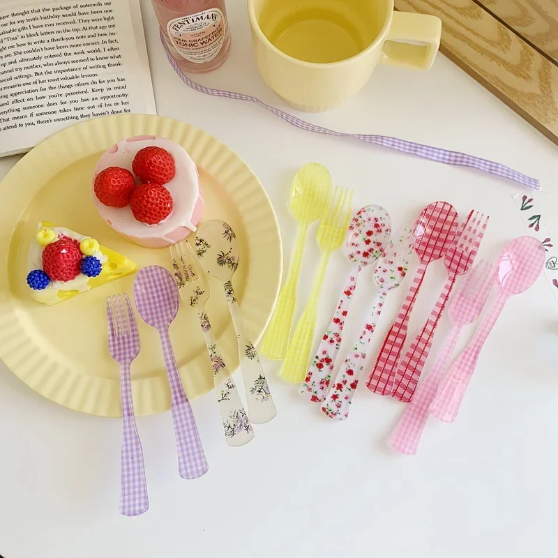 Korean Japanese Ins Plastic Fork Spoon Stripe Lattice Broken Acrylic Fork Spoon Simulation Tableware Plastic Photo Prop