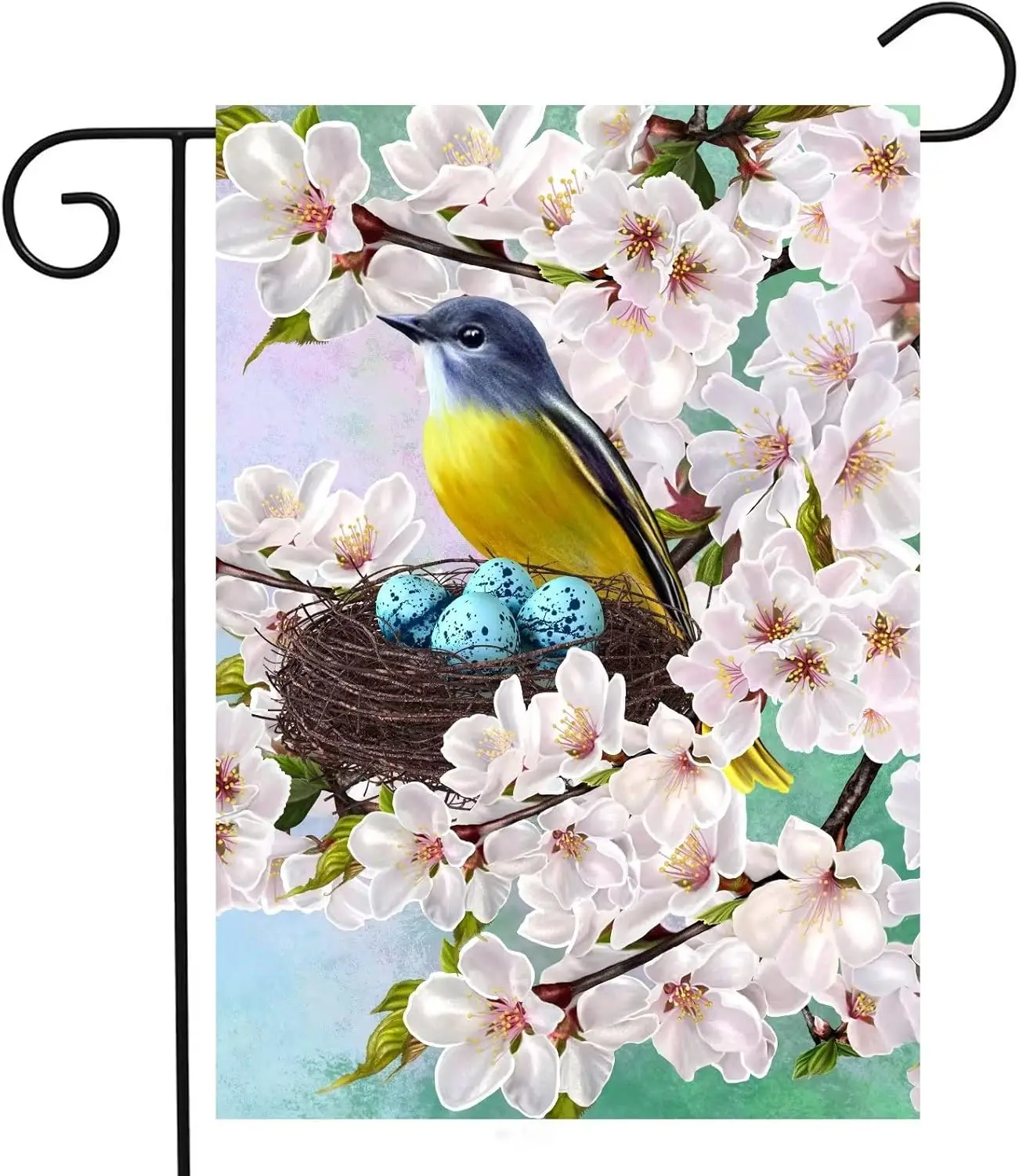 Nido de Pájaro de primavera con huevos azules, flores florales, rama de Sakura, cerezas, Bandera de patio de jardín de temporada, 12 