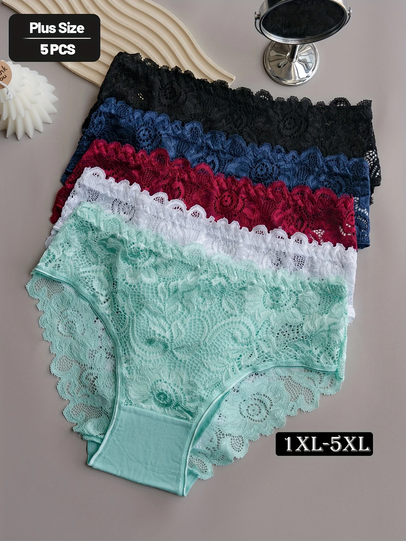 5‑Pack 1XL‑5XL Women's Plus‑Size High‑Stretch, Soft, Comfortable, Breathable, Elegant Solid‑Color Everyday Floral Lace Pattern
