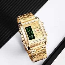 BESTWIN 126 Square Mens Watch Dual Display Digital Code Watches Stainless Steel Fashion Top Electronic Quartz Watches for Men