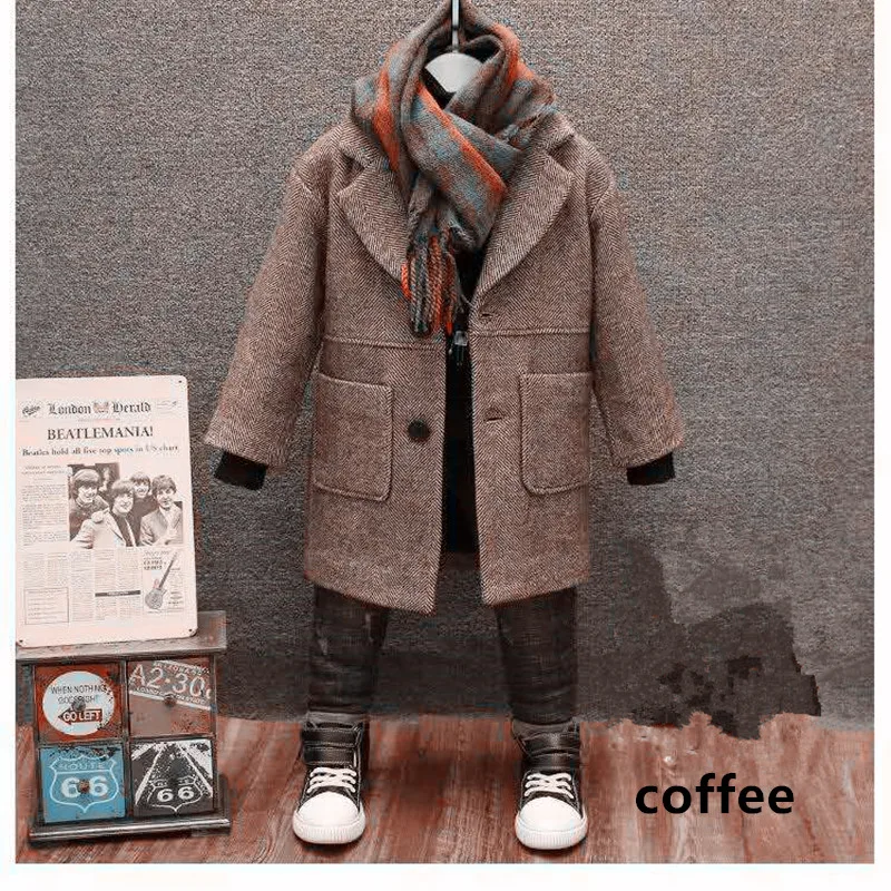 Boys Woolen Coat 2024 Spring Autumn New Fashion Solid Turn Collar Outwear 5-14T Children Overcoat High Quality