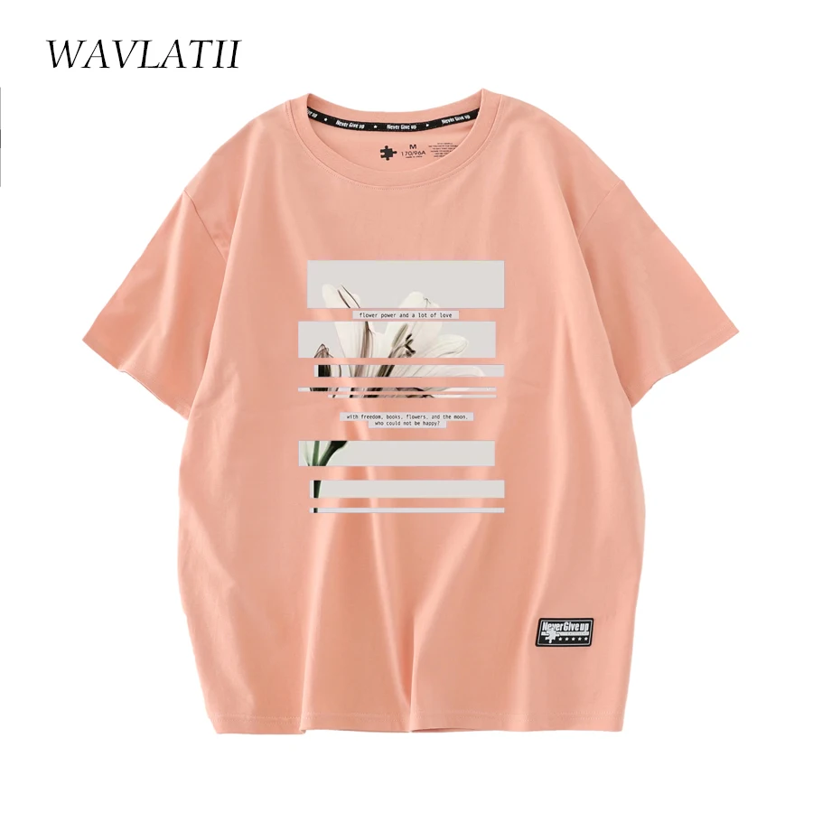 WAVLATII Women New Art Printed T Shirts Female Black 100% Cotton Casual Tees Lady Pink Short Sleeve Tops for Summer WT2226