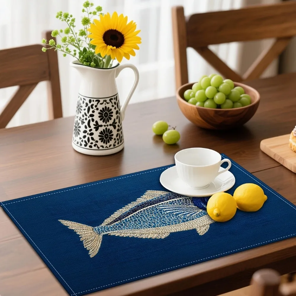 Ocean‑Style Fish Print Placemat, Full of Coastal Vibe, Perfect for Home & Ocean‑Themed Table Settings, Washable Fabric