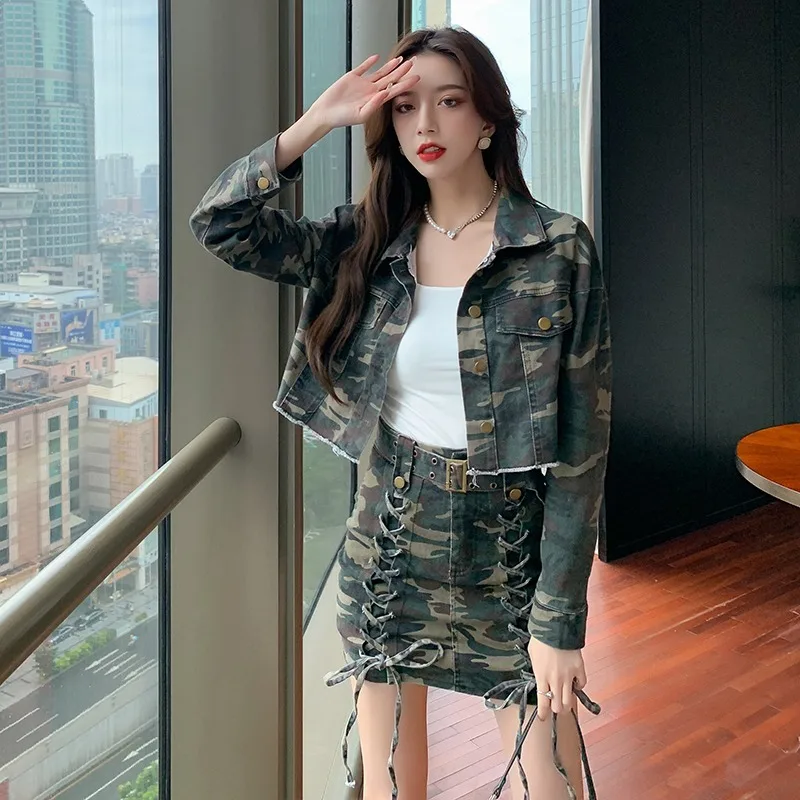 Suit 2022 spring autumn new fashion street camouflage denim coat+ short skirt suits women's tooling two-piece set