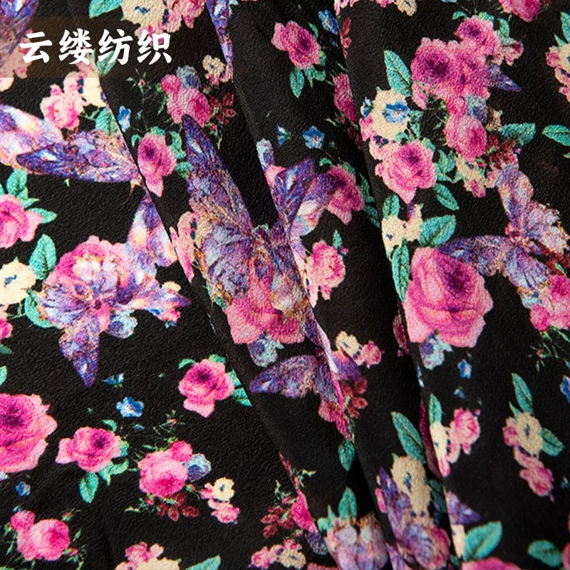 Silk double crepe printed fabric black base powder purple flower light luxury half skirt