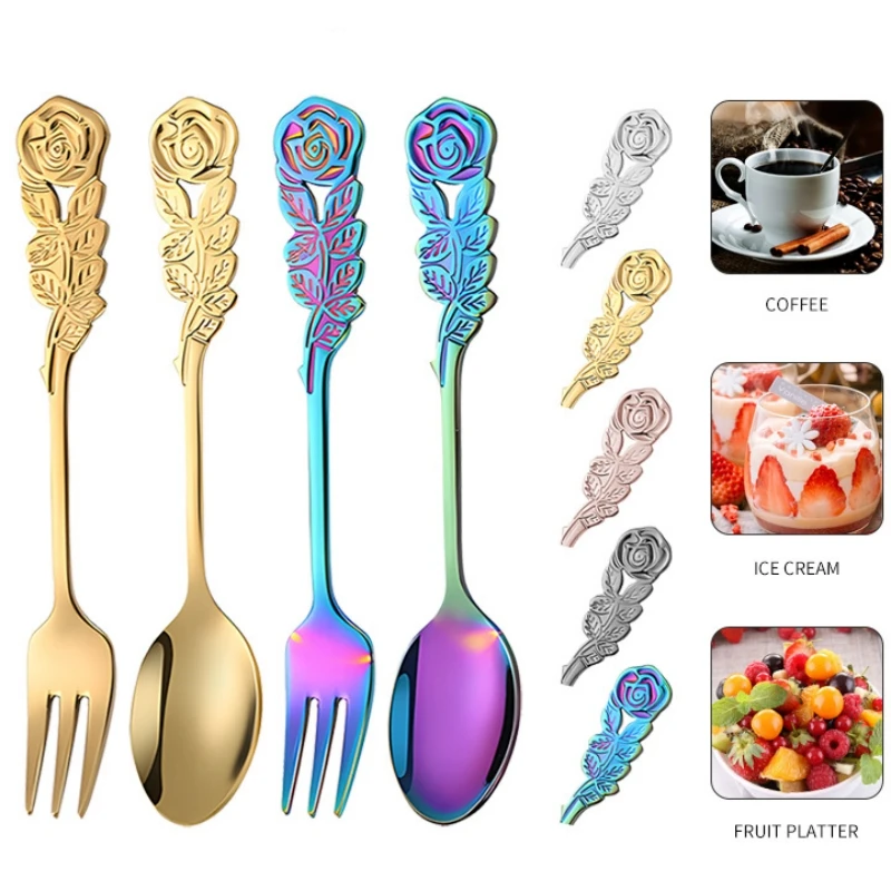 Tea Stirring Spoon Ice Cream Scoop 304 Stainless Steel Rose Flowers Spoons Rainbow Coffee Tea Spoon Flatware Drinking Tools