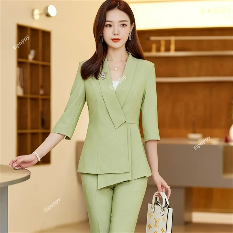 Elegant Women Formal Business Trouser Suits 2024 Long Sleeve Blazer Pants Two-piece Set Clothing Female Office Ladies Pants Suit