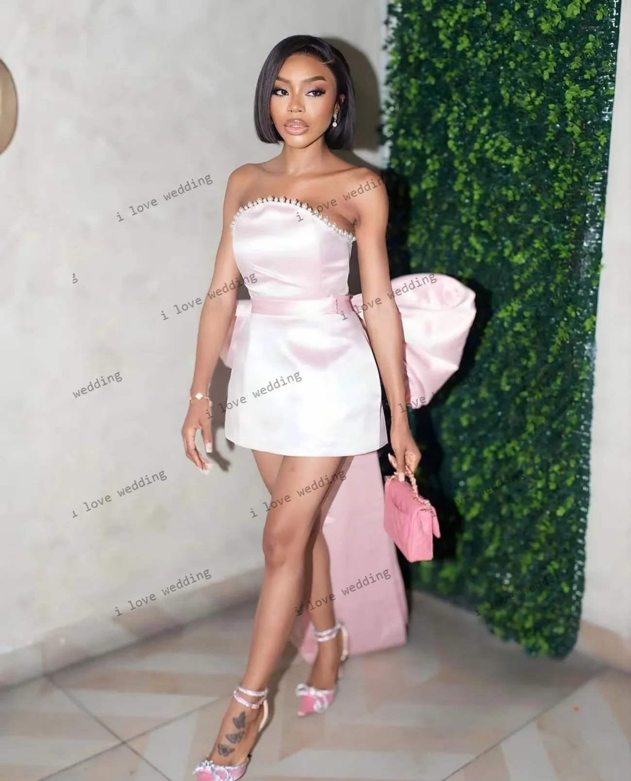 

Light Pink Strapless Short Homecoming Dresses 2025 Satin Mini Length Prom Dresses Party Dress For Women Bow Pearls Customized