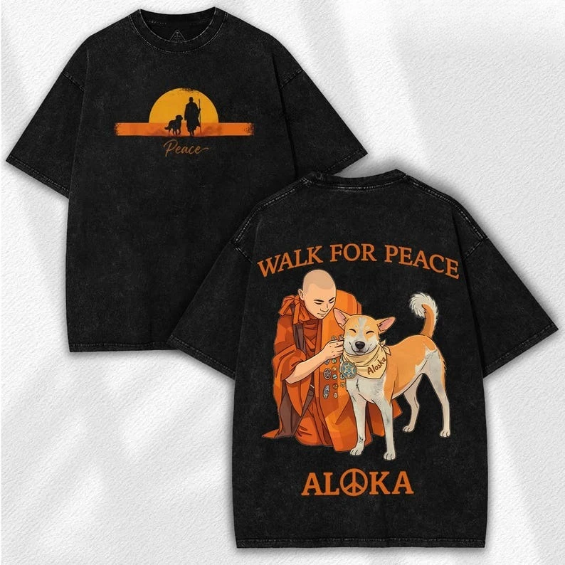 Vintage Washed Monk & Dog Graphic T-shirt Spiritual Peace Shirt Oversized Y2k Men Women Cotton Short Sleeve Female Male Clothing