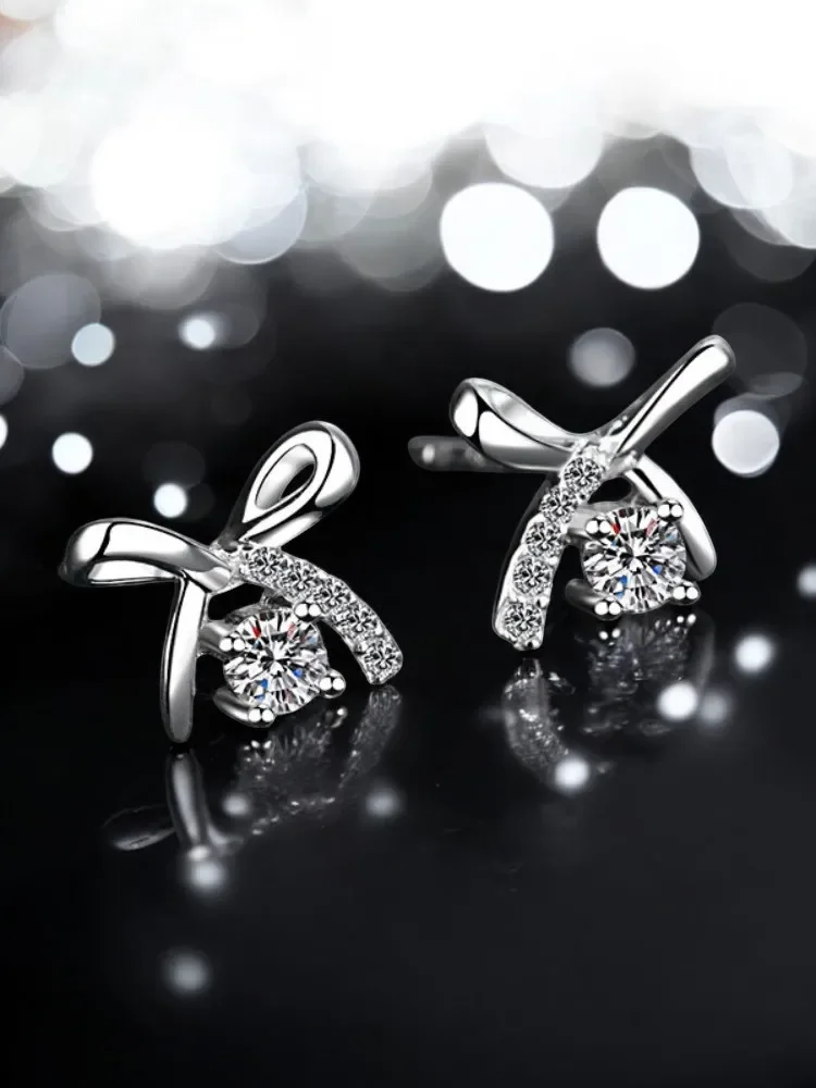 

Серьги из серебра 925 пробы, сертифицированный муассанит для женщин, обручи, пирсинг, модные украшения, серьги-гвоздики с бантом, подарок на День святого Валентина