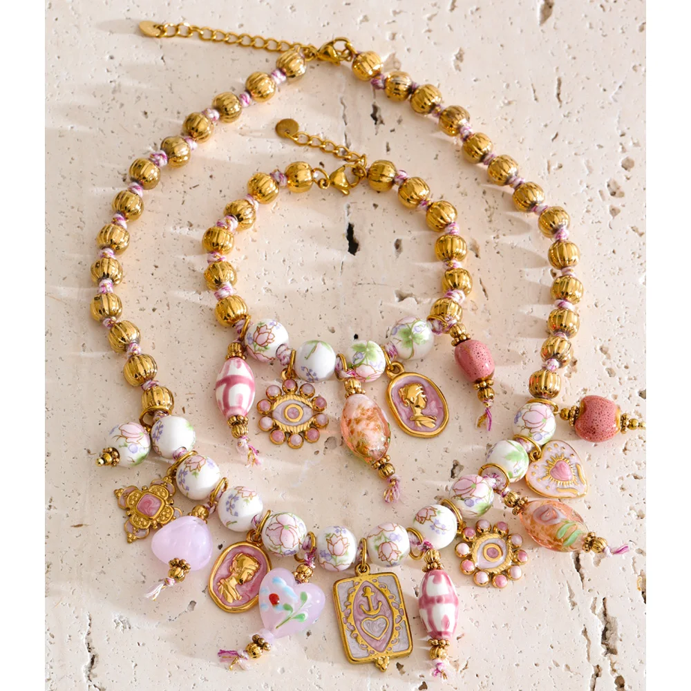 Women's Handmade Beads Chain Ceramic Heart Eye Drop Necklace Bracelet Set