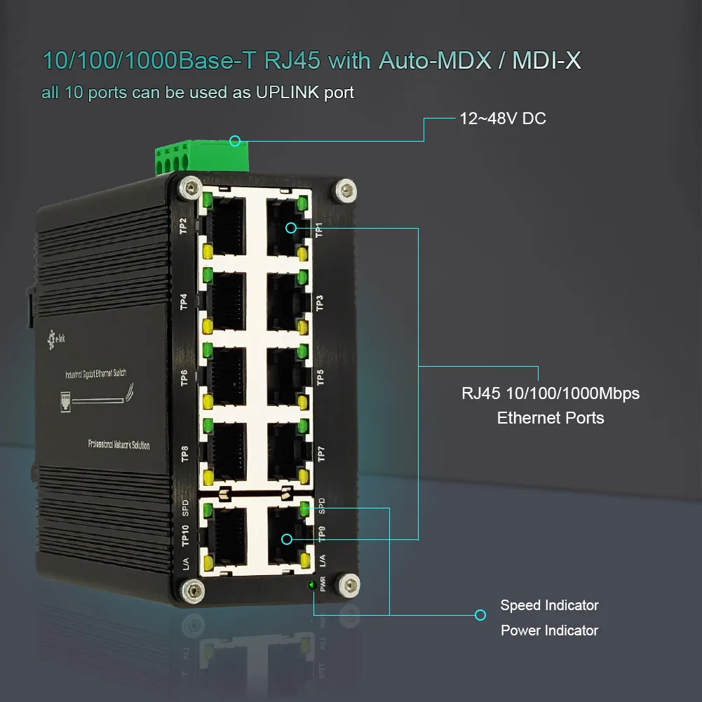 Mini conmutador Industrial Gigabit Ethernet de 10 puertos, carril Din, 5/8/10 puertos, 10/100/1000Mbps, conmutador de red IP40, caja de aluminio