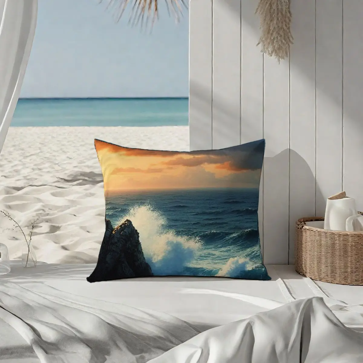 

4-Piece Pillow Cover Set Without Insert Ocean Sunset Landscape Decor Soft Durable Relaxation Home Styling Beach House Vibes Cozy