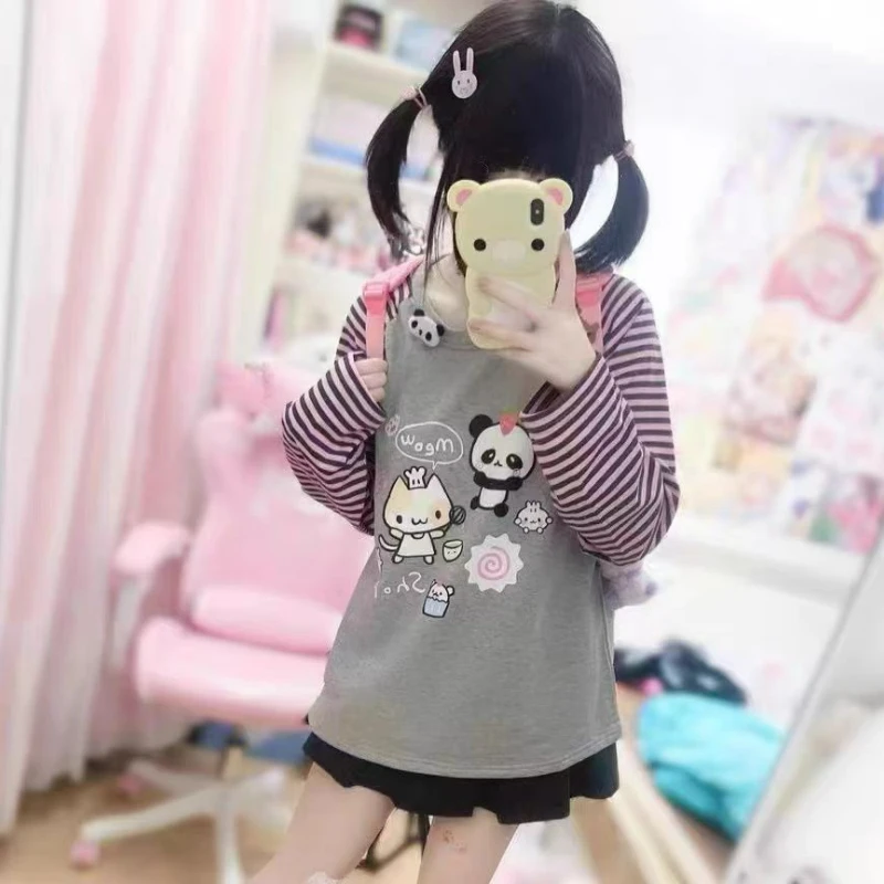 Y2k estetica Lolita T-shirt donna giapponese Harajuku Grunge Cartoon Print top E-girl Fairycore Contrast Color Graphic T-shirt