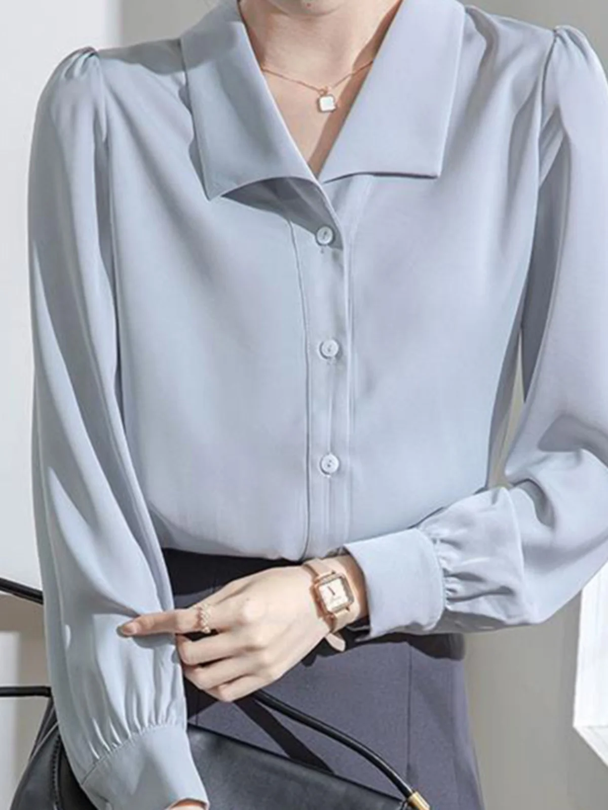 

Новая женская синяя блузка с длинным рукавом для офиса и собеседований, модный свободный крой, из полиэстера