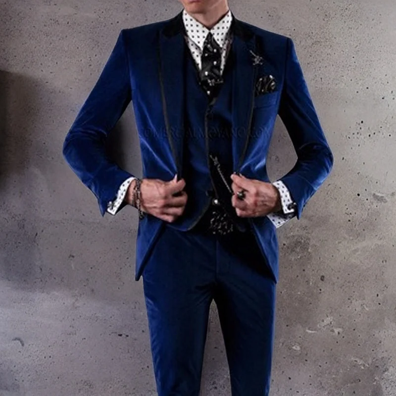 Royal Blue Velvet Groom Tuxedos for Wedding Men Suits 3 Piece Male Fashion Dinner Wear Jacket with Pants Vest 2023 Male Costume