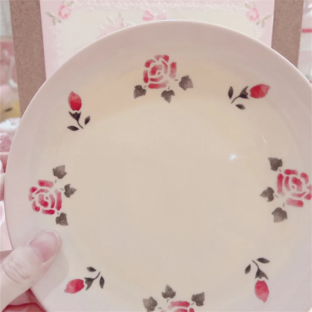 European Style Retro Pink Plate Kitchen Supplies Living Room Table Top Dim Sum Plate Cartoon Rose Print Round Plate 18cmx18cm