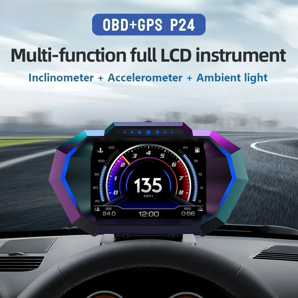 

Car P24 OBD + GPS HUD Head Up Display Speedometer Water Temp Fuel Level Oil Press Consumption Slope Meter Car Accessories
