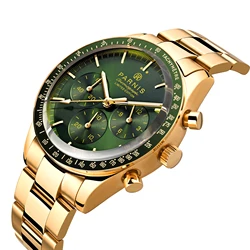 New Fashion Parnis 40mm Green Dial Men Quartz Watch Chronograph Stainless Steel Bracelet Men's Sports Watches Male Clock 2024