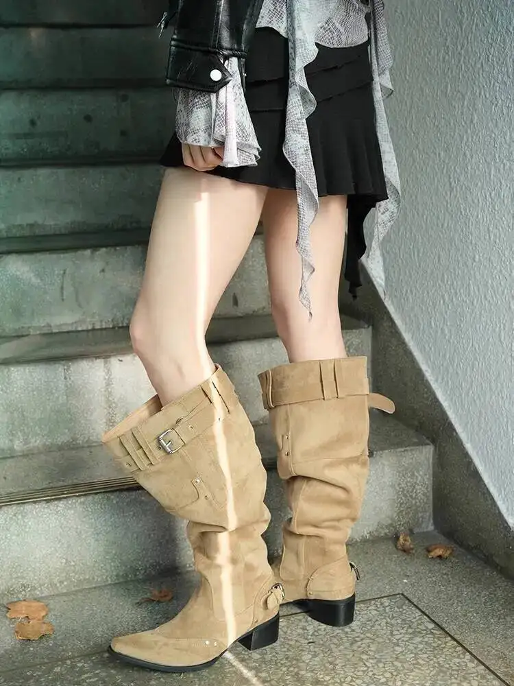 

Women Calf Boots 2025 Autumn Winter Women's Ankle Boots Khaki Suede Pointed Toe Block Heel Slim Fitting Ruched Slouchy Boots