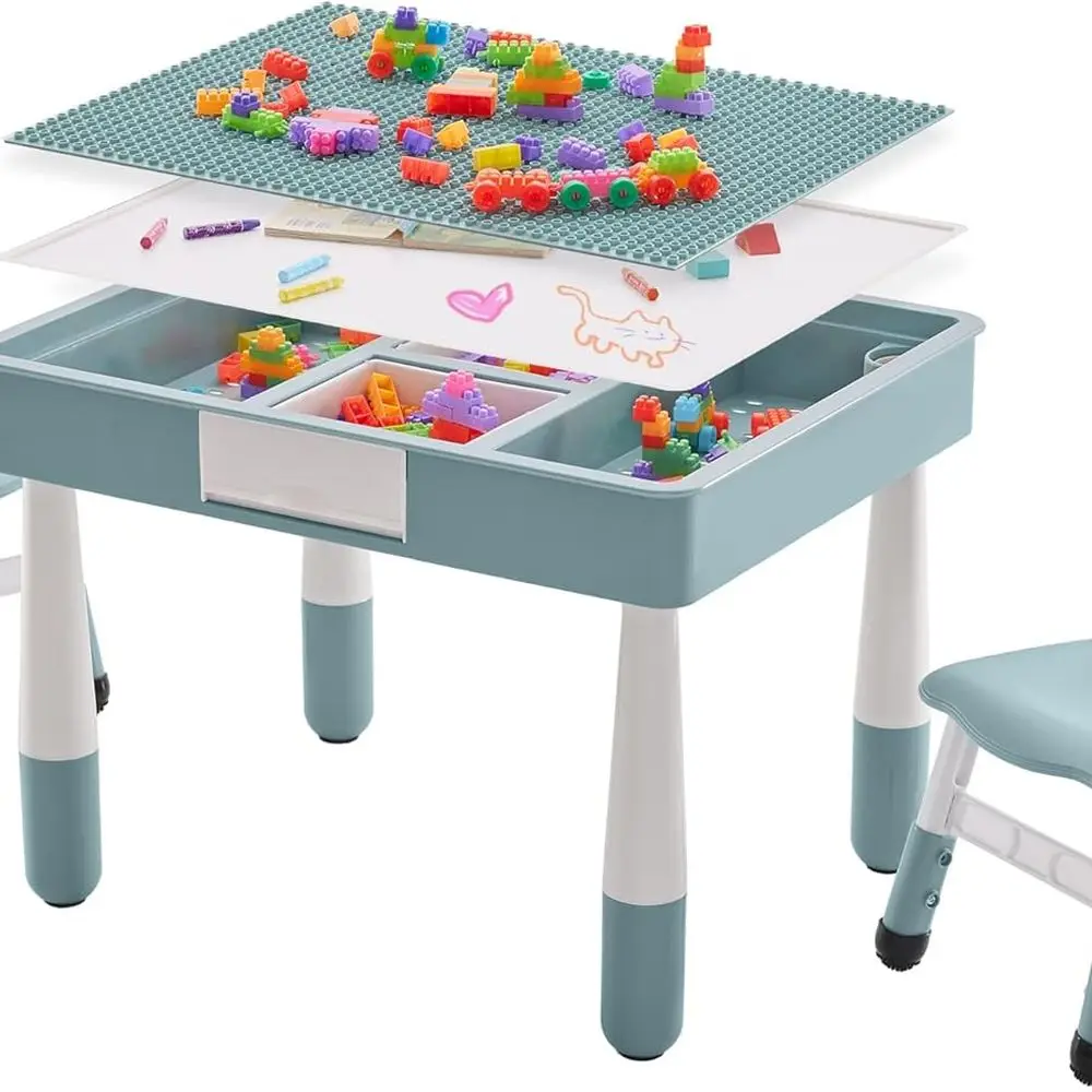 

Kids 4-in-1 Table with Storage and 2 Chairs, Ideal for Ages 3-10, Graffiti & Blocks Design, Grayish Blue