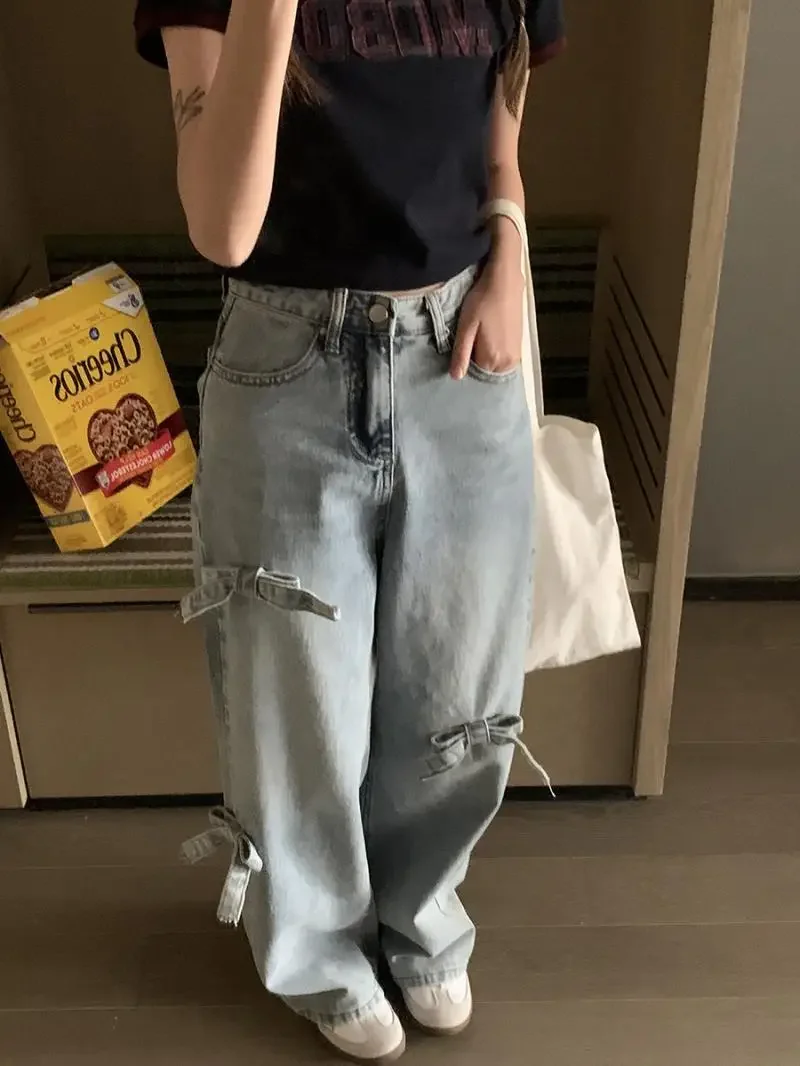 Korean Vintage Denim Pants Sweet Bow Wide Leg Pant High Waist Y2k Straight Loose Jeans Women Streetwear Chic Light Blue