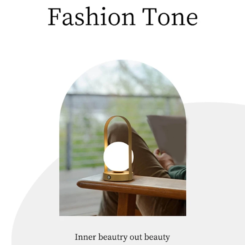 Portable Outdoor Hanging Metal Table Lamp Dimmable Table Lamp Rechargeable Bedroom Bedside Night Light Gold-A12I