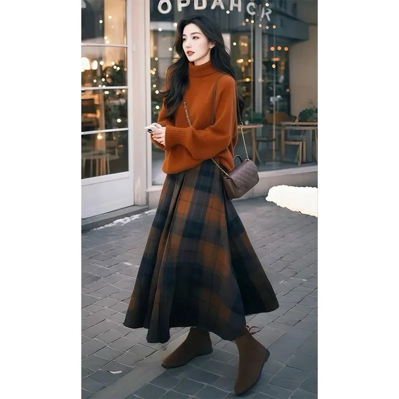 

Весенне-осенний корейский модный темпераментный свитер с высоким воротником, женский комплект с юбкой в клетку