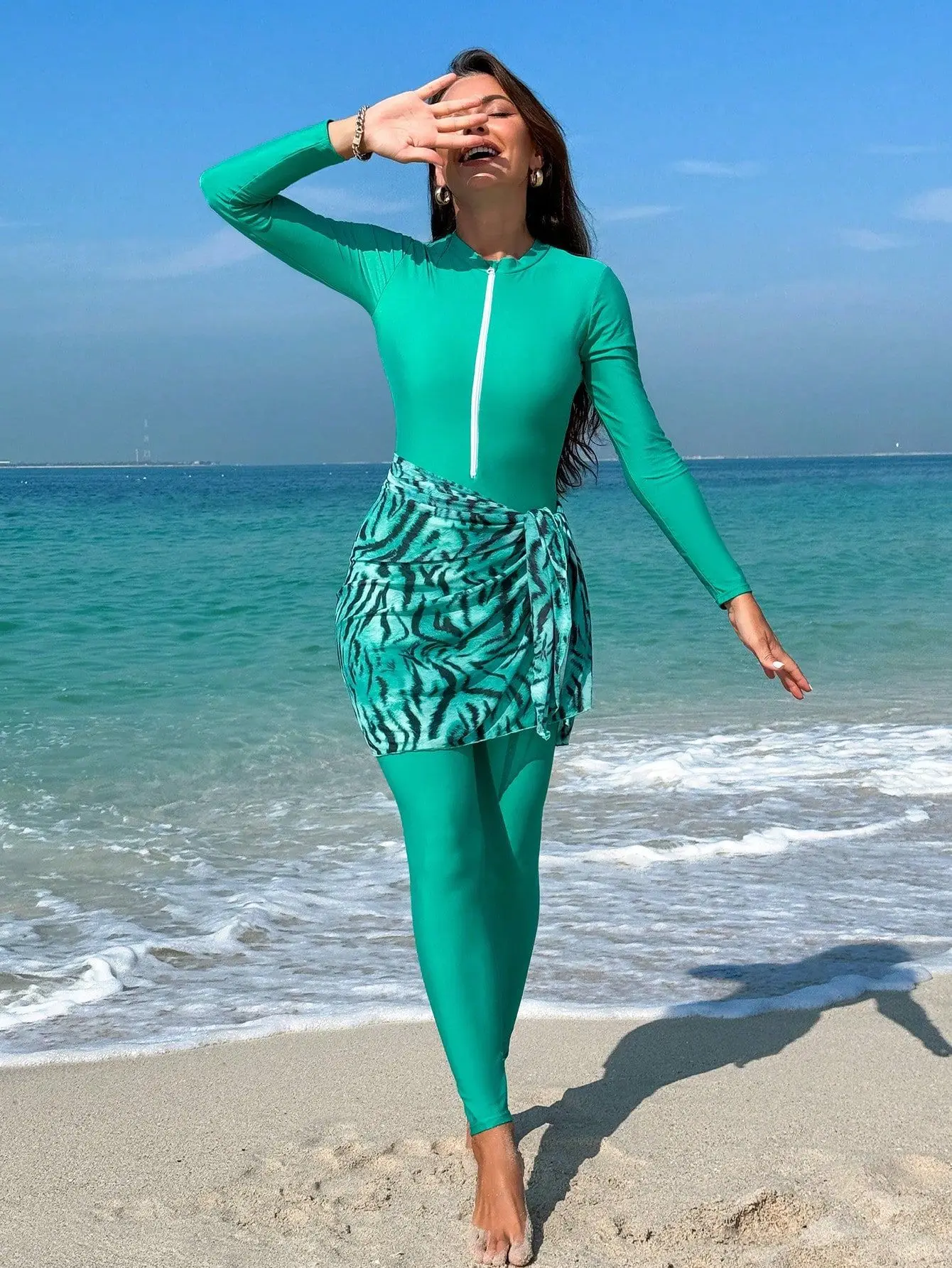 New Muslim Modest Burkini Femmes 3Pcs green swimsuit fashion striped printed gauze skirt sunblock swimsuit beach wear surf wear